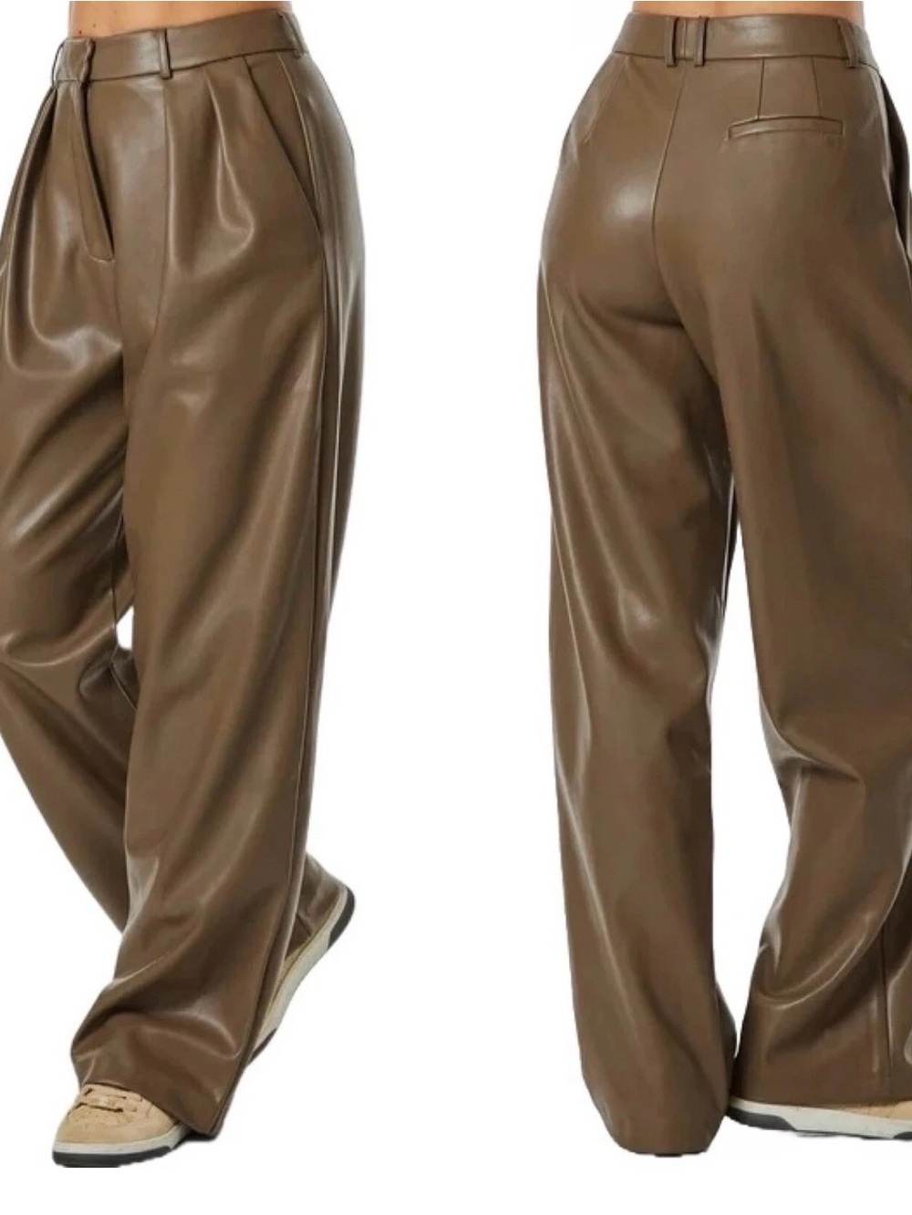 The Noli Shop Brown Faux Leather Wide-Leg Pleated Pants - Size 6